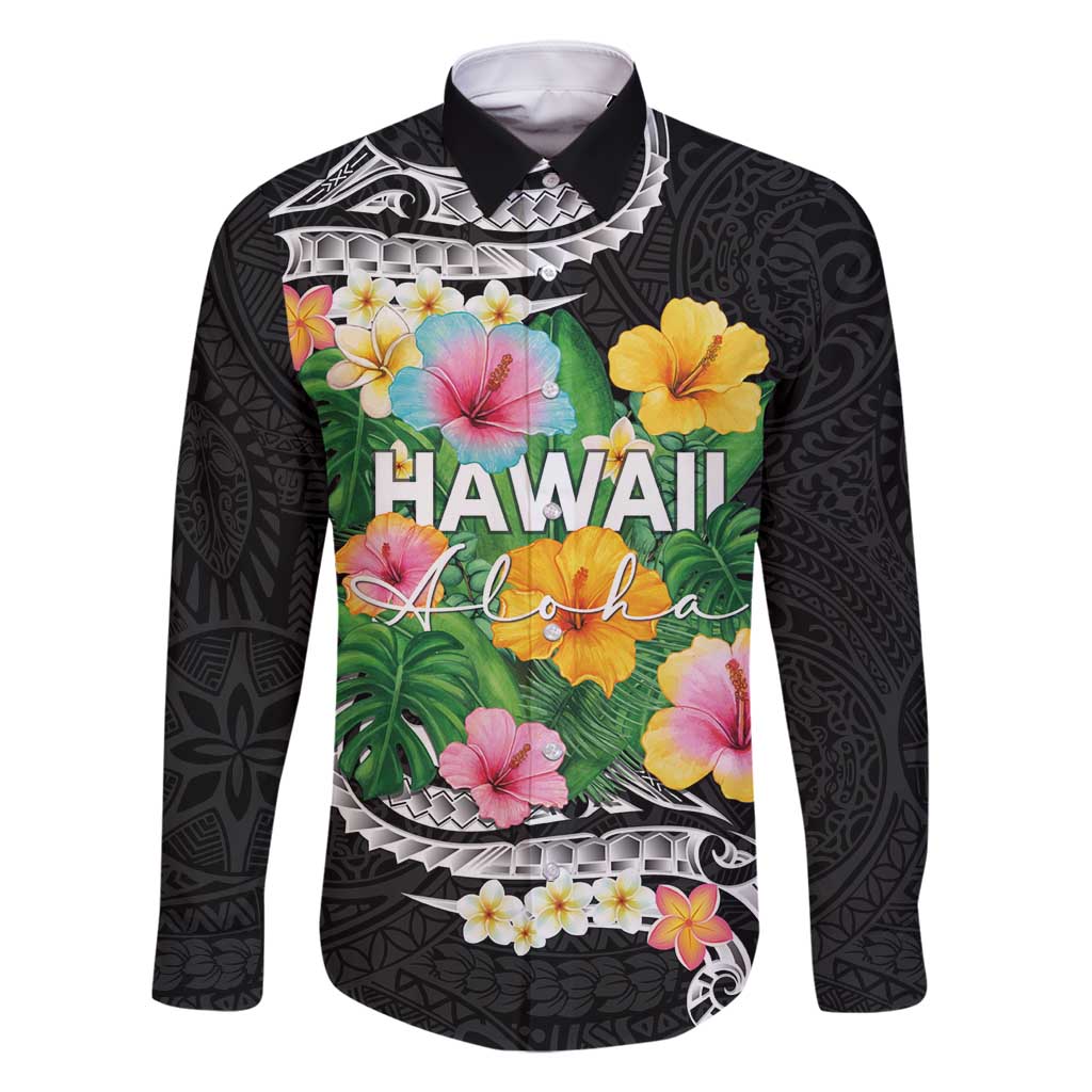 Hawaii Aloha Tropical Leaves and Flower Family Matching Summer Maxi Dress and Hawaiian Shirt with Polynesian Art Tattoo Black Color LT03 Dad's Shirt - Long Sleeve Black - Polynesian Pride