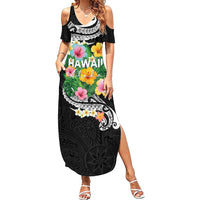 Hawaii Aloha Tropical Leaves and Flower Family Matching Summer Maxi Dress and Hawaiian Shirt with Polynesian Art Tattoo Black Color LT03 Mom's Dress Black - Polynesian Pride