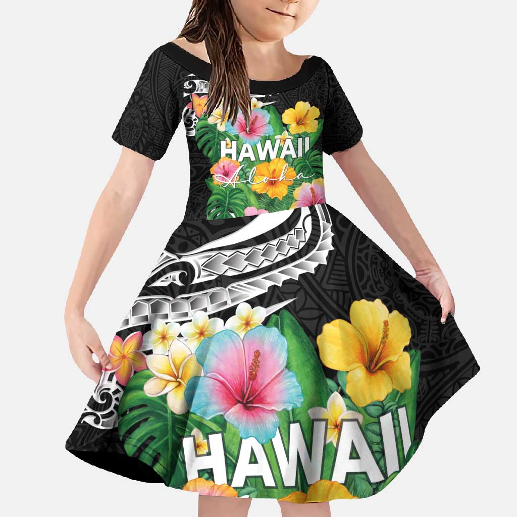 Hawaii Aloha Tropical Leaves and Flower Family Matching Tank Maxi Dress and Hawaiian Shirt with Polynesian Art Tattoo Black Color LT03 Daughter's Dress Black - Polynesian Pride