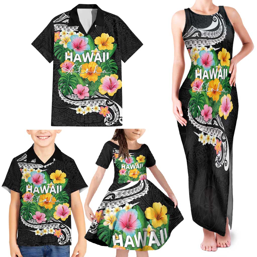 Hawaii Aloha Tropical Leaves and Flower Family Matching Tank Maxi Dress and Hawaiian Shirt with Polynesian Art Tattoo Black Color LT03 - Polynesian Pride