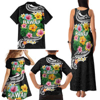 Hawaii Aloha Tropical Leaves and Flower Family Matching Tank Maxi Dress and Hawaiian Shirt with Polynesian Art Tattoo Black Color LT03 - Polynesian Pride