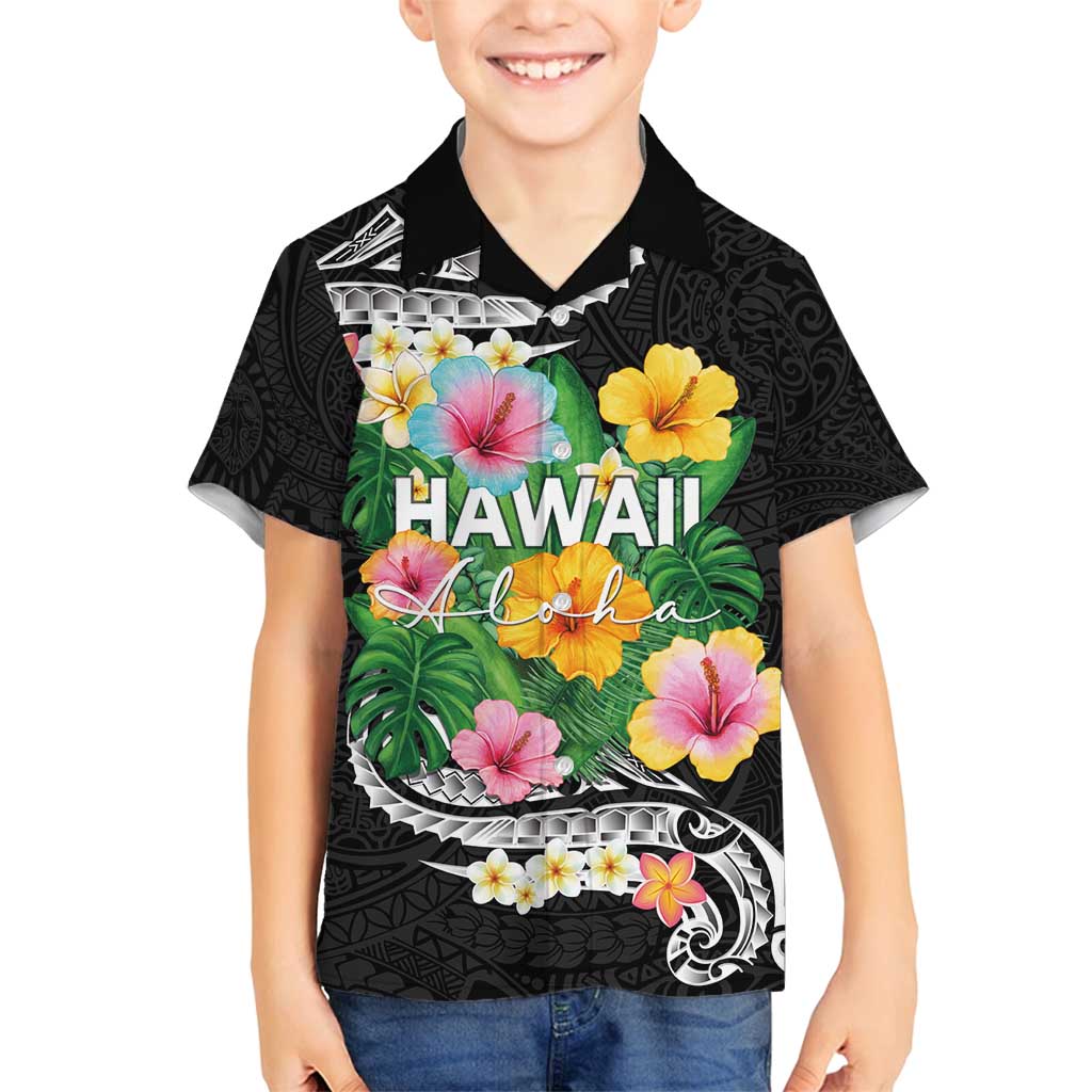 Hawaii Aloha Tropical Leaves and Flower Family Matching Tank Maxi Dress and Hawaiian Shirt with Polynesian Art Tattoo Black Color LT03 Son's Shirt Black - Polynesian Pride