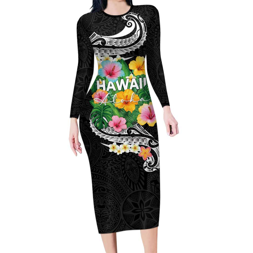 Hawaii Aloha Tropical Leaves and Flower Long Sleeve Bodycon Dress with Polynesian Art Tattoo Black Color LT03 Long Dress Black - Polynesian Pride