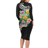 Hawaii Aloha Tropical Leaves and Flower Long Sleeve Bodycon Dress with Polynesian Art Tattoo Black Color LT03 - Polynesian Pride