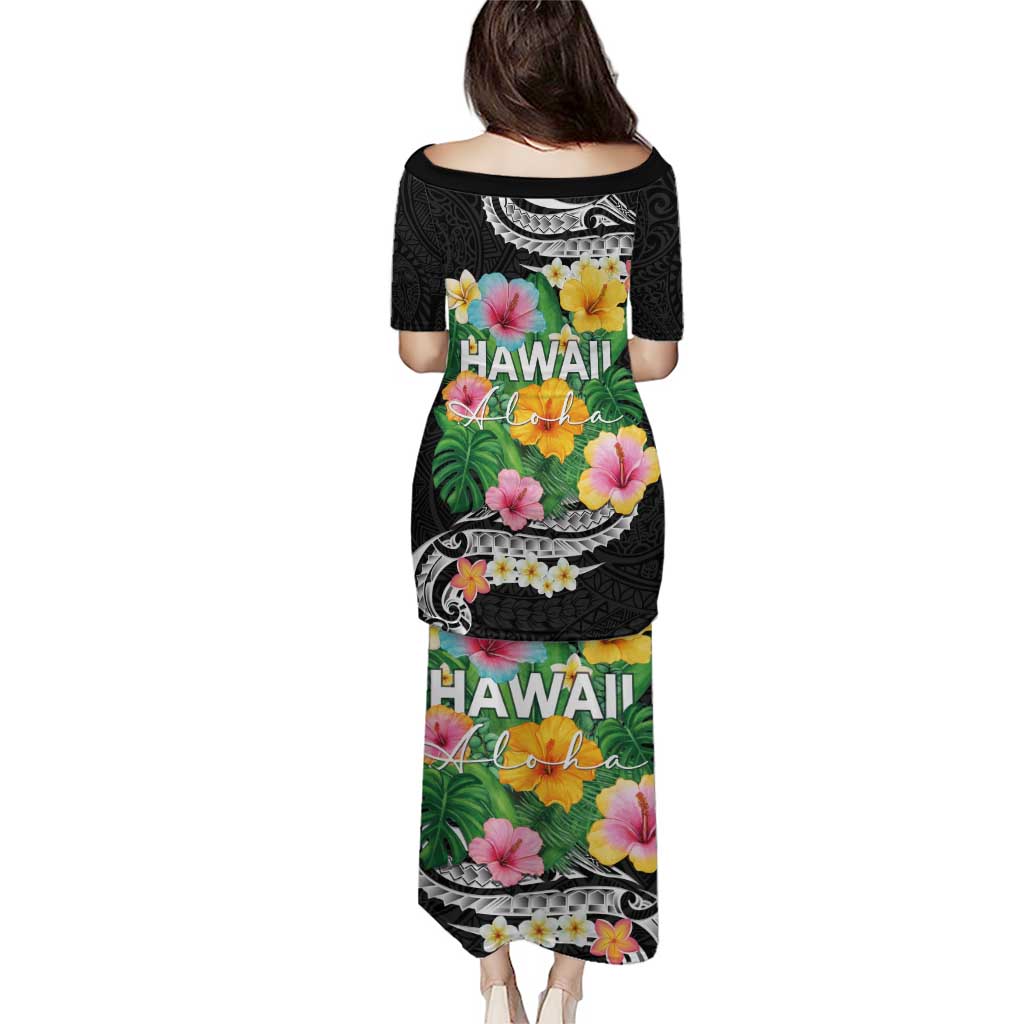 Hawaii Aloha Tropical Leaves and Flower Puletasi with Polynesian Art Tattoo Black Color - Polynesian Pride