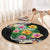 Hawaii Aloha Tropical Leaves and Flower Round Carpet with Polynesian Art Tattoo Black Color - Polynesian Pride