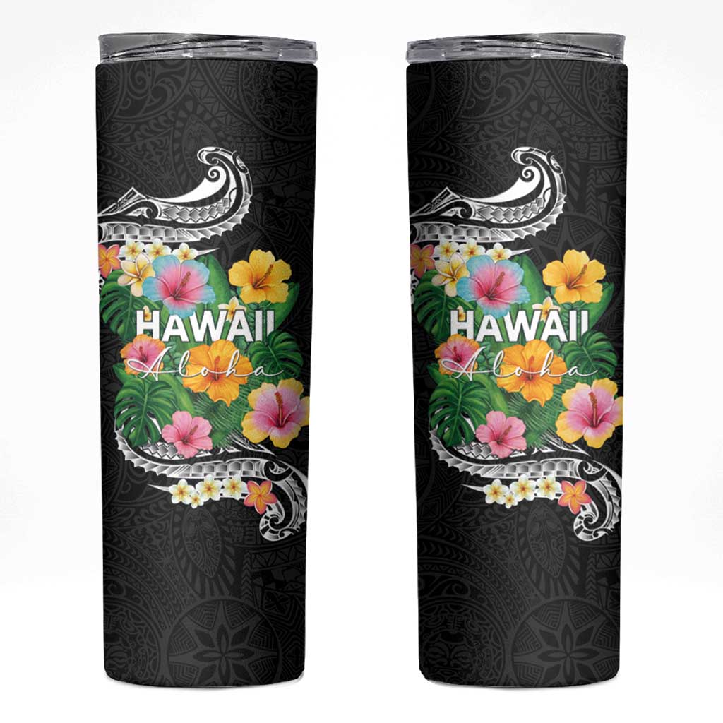 Hawaii Aloha Tropical Leaves and Flower Skinny Tumbler with Polynesian Art Tattoo Black Color LT03 Black - Polynesian Pride