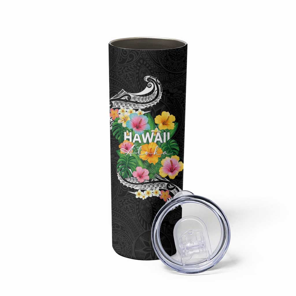 Hawaii Aloha Tropical Leaves and Flower Skinny Tumbler with Polynesian Art Tattoo Black Color LT03 - Polynesian Pride