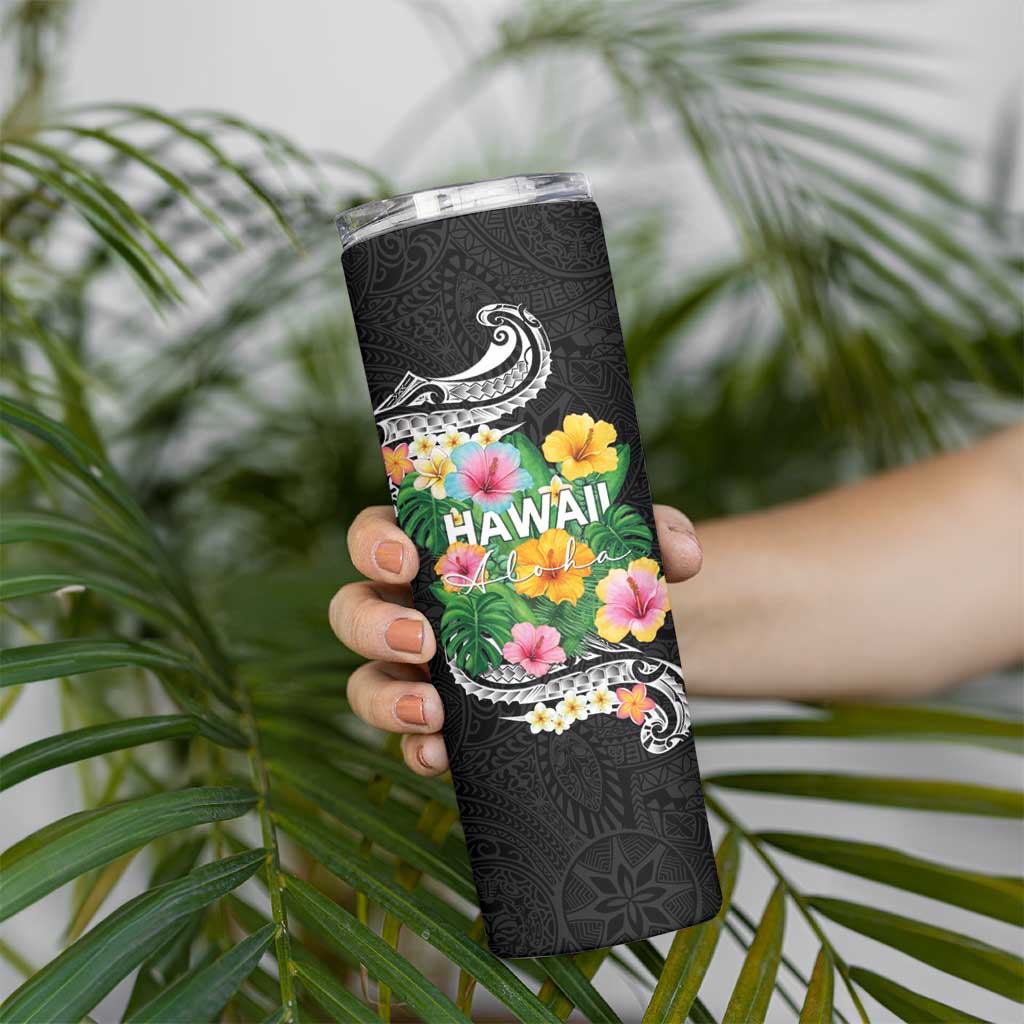 Hawaii Aloha Tropical Leaves and Flower Skinny Tumbler with Polynesian Art Tattoo Black Color LT03 - Polynesian Pride