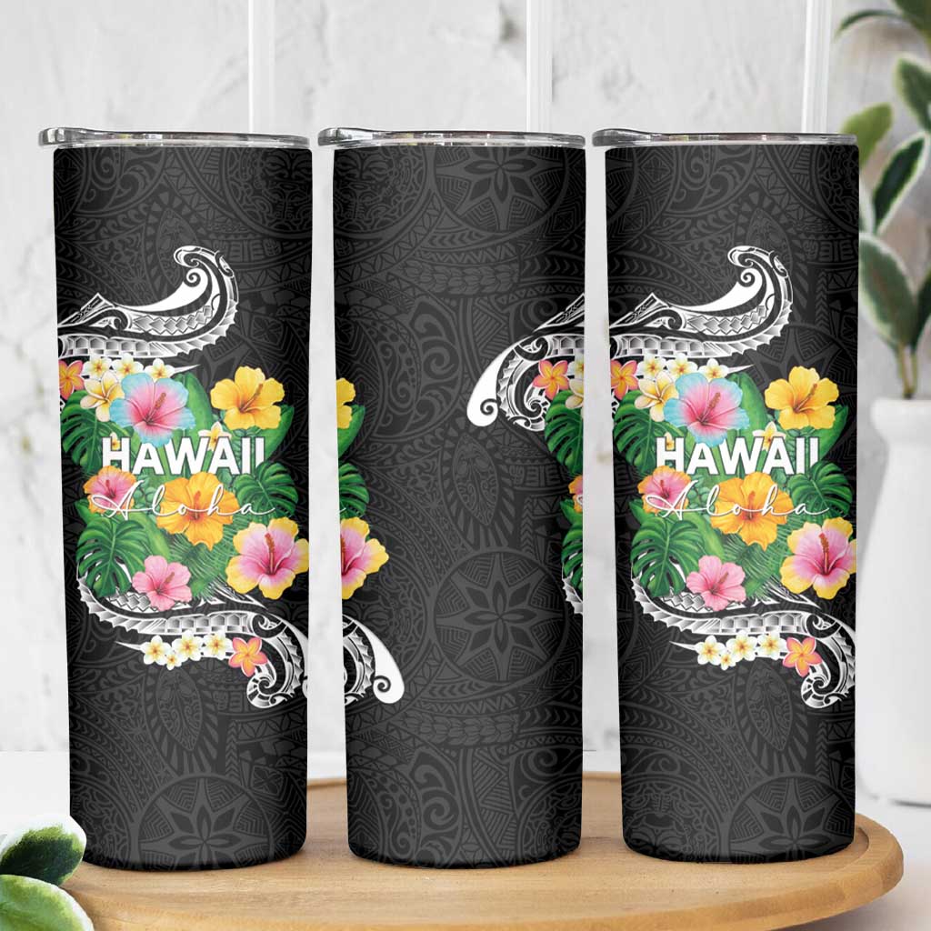 Hawaii Aloha Tropical Leaves and Flower Skinny Tumbler with Polynesian Art Tattoo Black Color LT03 - Polynesian Pride