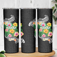 Hawaii Aloha Tropical Leaves and Flower Skinny Tumbler with Polynesian Art Tattoo Black Color LT03 - Polynesian Pride
