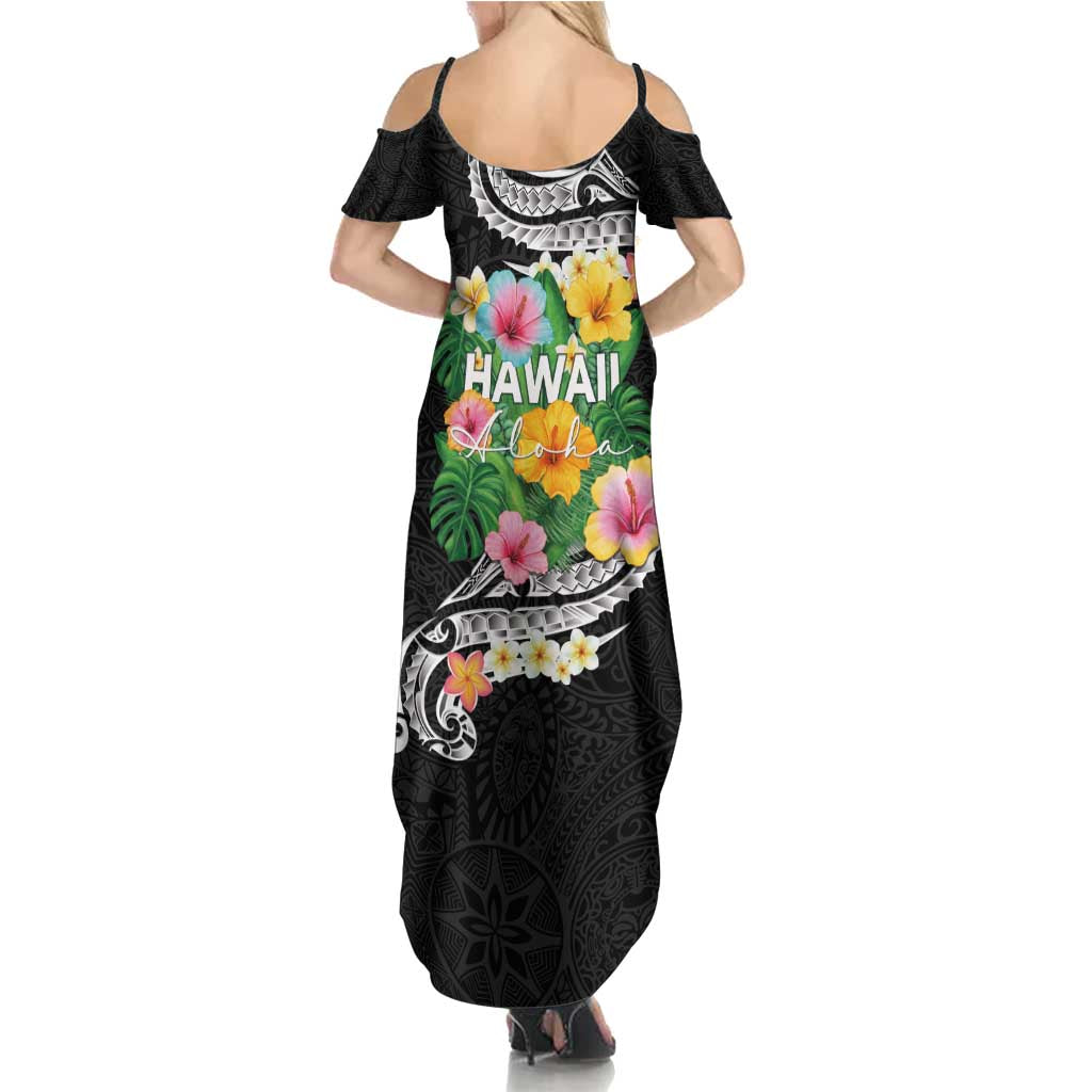Hawaii Aloha Tropical Leaves and Flower Summer Maxi Dress with Polynesian Art Tattoo Black Color - Polynesian Pride