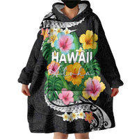 Hawaii Aloha Tropical Leaves and Flower Wearable Blanket Hoodie with Polynesian Art Tattoo Black Color LT03 - Polynesian Pride