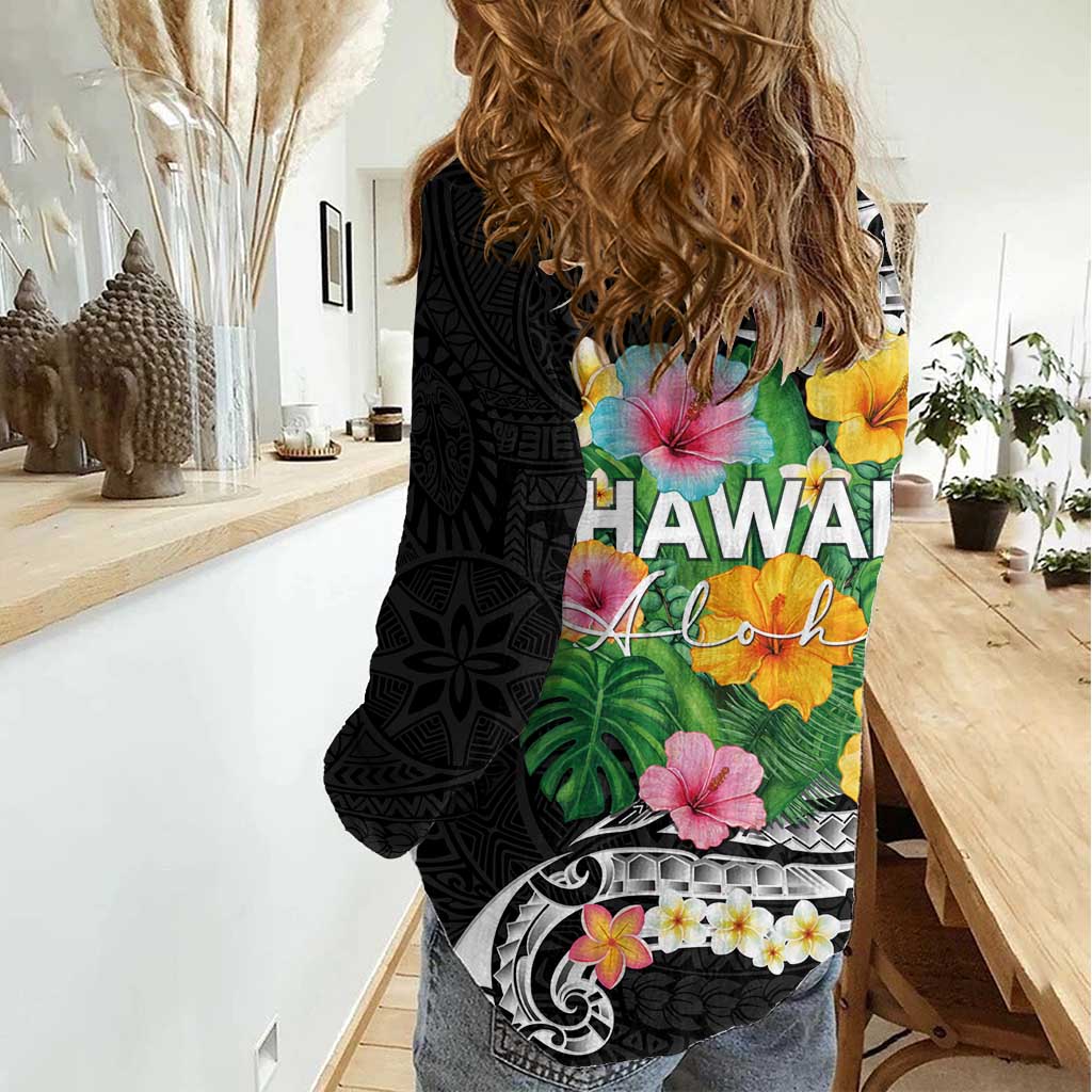 Hawaii Aloha Tropical Leaves and Flower Women Casual Shirt with Polynesian Art Tattoo Black Color LT03 - Polynesian Pride