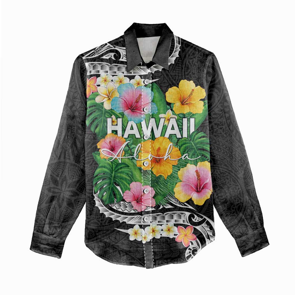 Hawaii Aloha Tropical Leaves and Flower Women Casual Shirt with Polynesian Art Tattoo Black Color LT03 - Polynesian Pride