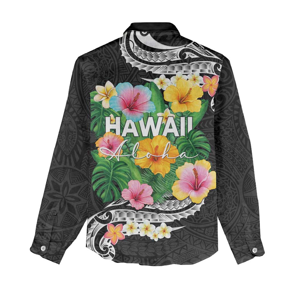Hawaii Aloha Tropical Leaves and Flower Women Casual Shirt with Polynesian Art Tattoo Black Color LT03 - Polynesian Pride