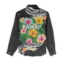 Hawaii Aloha Tropical Leaves and Flower Women Casual Shirt with Polynesian Art Tattoo Black Color LT03 - Polynesian Pride