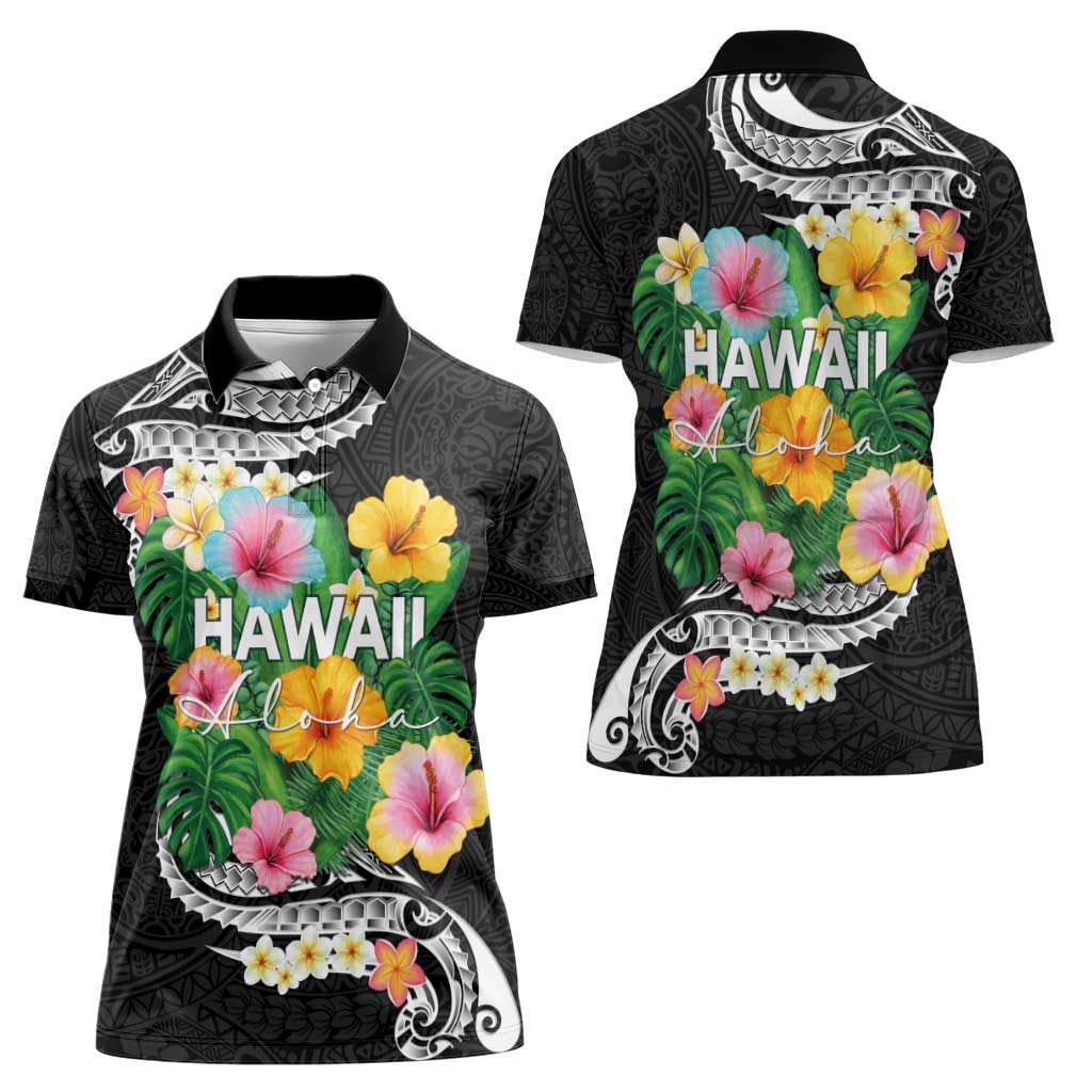 Hawaii Aloha Tropical Leaves and Flower Women Polo Shirt with Polynesian Art Tattoo Black Color LT03 - Polynesian Pride