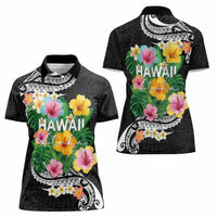 Hawaii Aloha Tropical Leaves and Flower Women Polo Shirt with Polynesian Art Tattoo Black Color LT03 - Polynesian Pride