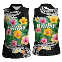 Hawaii Aloha Tropical Leaves and Flower Women Sleeveless Polo Shirt with Polynesian Art Tattoo Black Color LT03 - Polynesian Pride