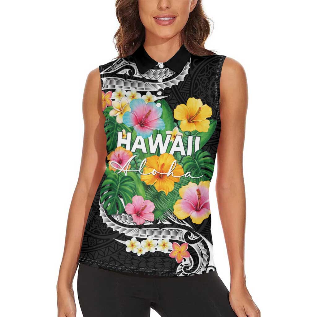 Hawaii Aloha Tropical Leaves and Flower Women Sleeveless Polo Shirt with Polynesian Art Tattoo Black Color LT03 - Polynesian Pride