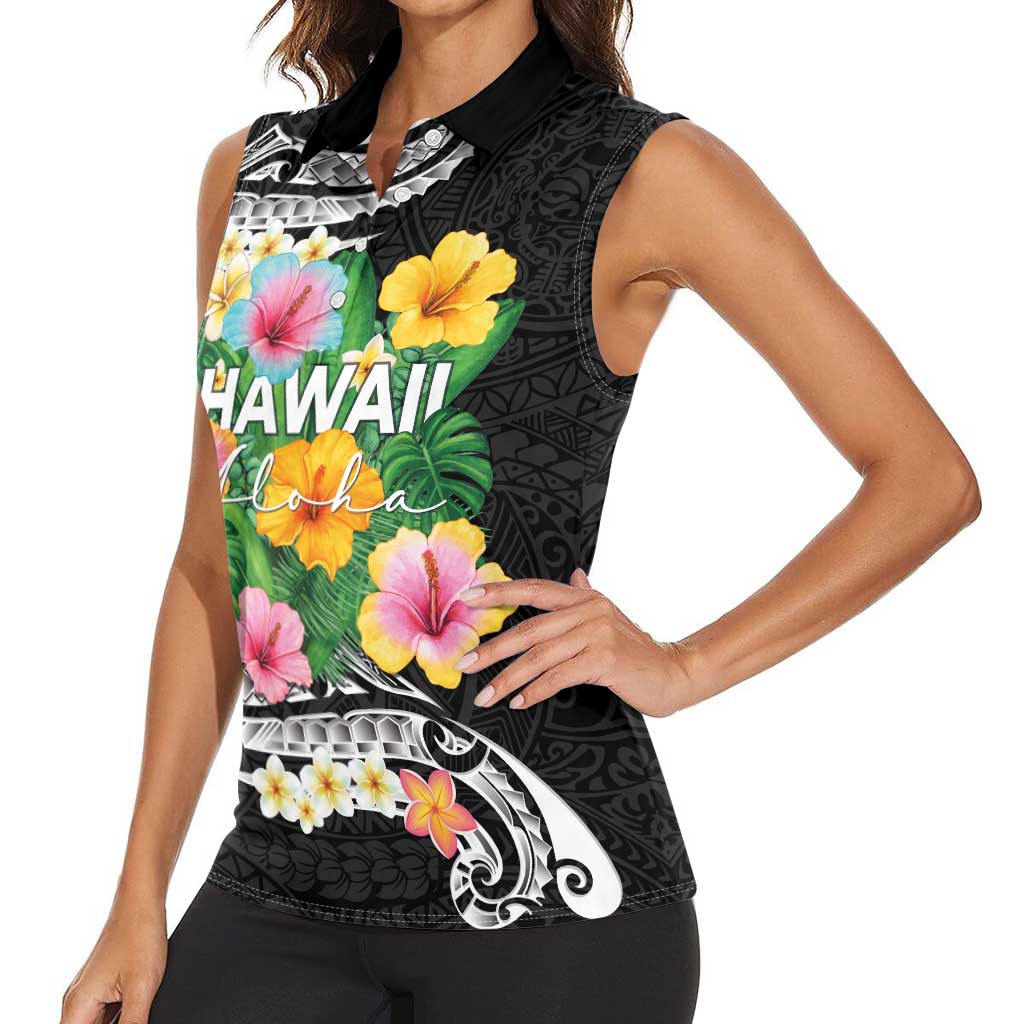 Hawaii Aloha Tropical Leaves and Flower Women Sleeveless Polo Shirt with Polynesian Art Tattoo Black Color LT03 - Polynesian Pride