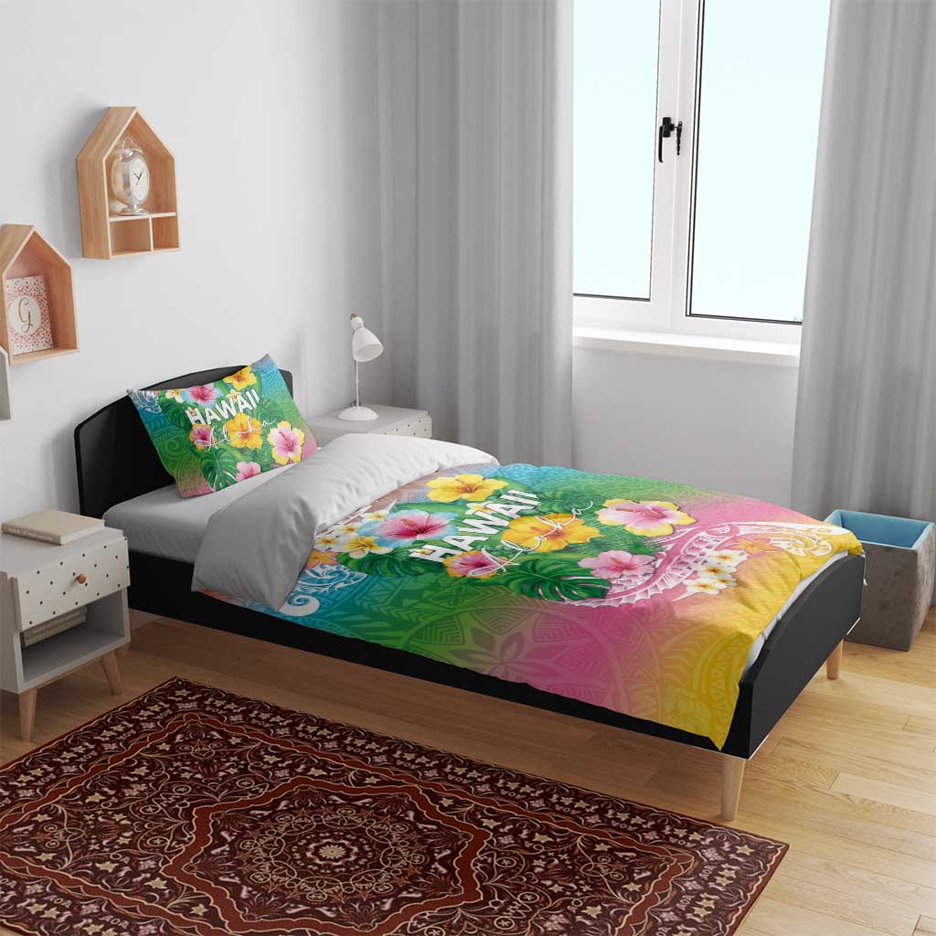 Hawaii Aloha Tropical Leaves and Flower Bedding Set with Polynesian Art Tattoo Rainbow Color - Polynesian Pride