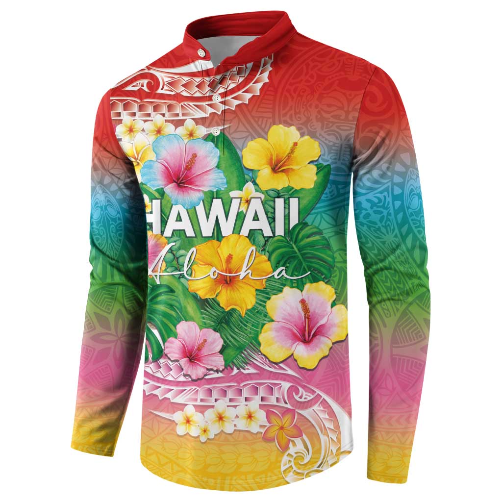 Hawaii Aloha Tropical Leaves and Flower Button Sweatshirt with Polynesian Art Tattoo Rainbow Color LT03 - Polynesian Pride