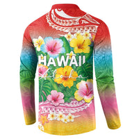 Hawaii Aloha Tropical Leaves and Flower Button Sweatshirt with Polynesian Art Tattoo Rainbow Color LT03 - Polynesian Pride