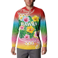 Hawaii Aloha Tropical Leaves and Flower Button Sweatshirt with Polynesian Art Tattoo Rainbow Color LT03 - Polynesian Pride