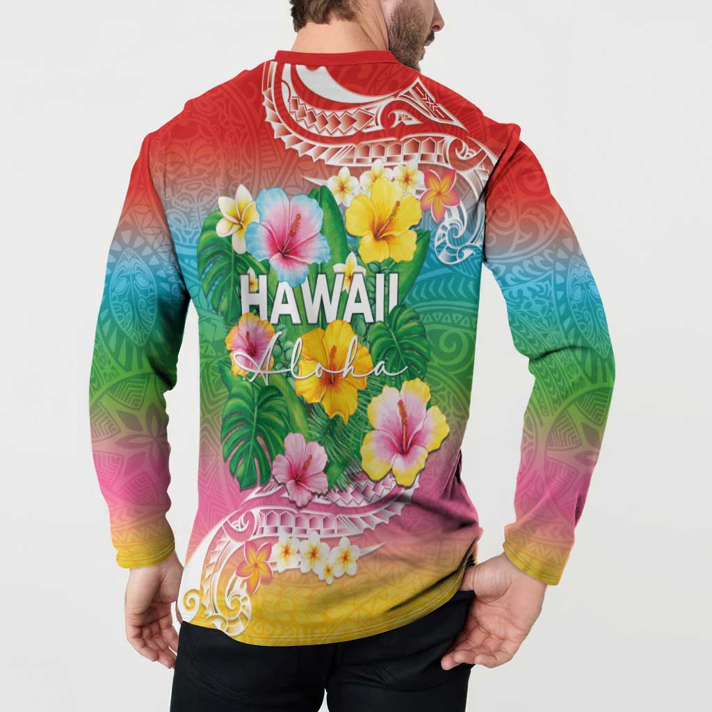 Hawaii Aloha Tropical Leaves and Flower Button Sweatshirt with Polynesian Art Tattoo Rainbow Color LT03 - Polynesian Pride