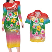 Hawaii Aloha Tropical Leaves and Flower Couples Matching Long Sleeve Bodycon Dress and Hawaiian Shirt with Polynesian Art Tattoo Rainbow Color LT03 Rainbow - Polynesian Pride