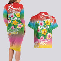 Hawaii Aloha Tropical Leaves and Flower Couples Matching Long Sleeve Bodycon Dress and Hawaiian Shirt with Polynesian Art Tattoo Rainbow Color LT03 - Polynesian Pride