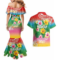 Hawaii Aloha Tropical Leaves and Flower Couples Matching Mermaid Dress and Hawaiian Shirt with Polynesian Art Tattoo Rainbow Color LT03 - Polynesian Pride