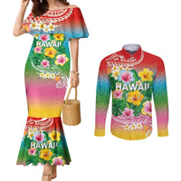 Hawaii Aloha Tropical Leaves and Flower Couples Matching Mermaid Dress and Long Sleeve Button Shirt with Polynesian Art Tattoo Rainbow Color LT03 Rainbow - Polynesian Pride