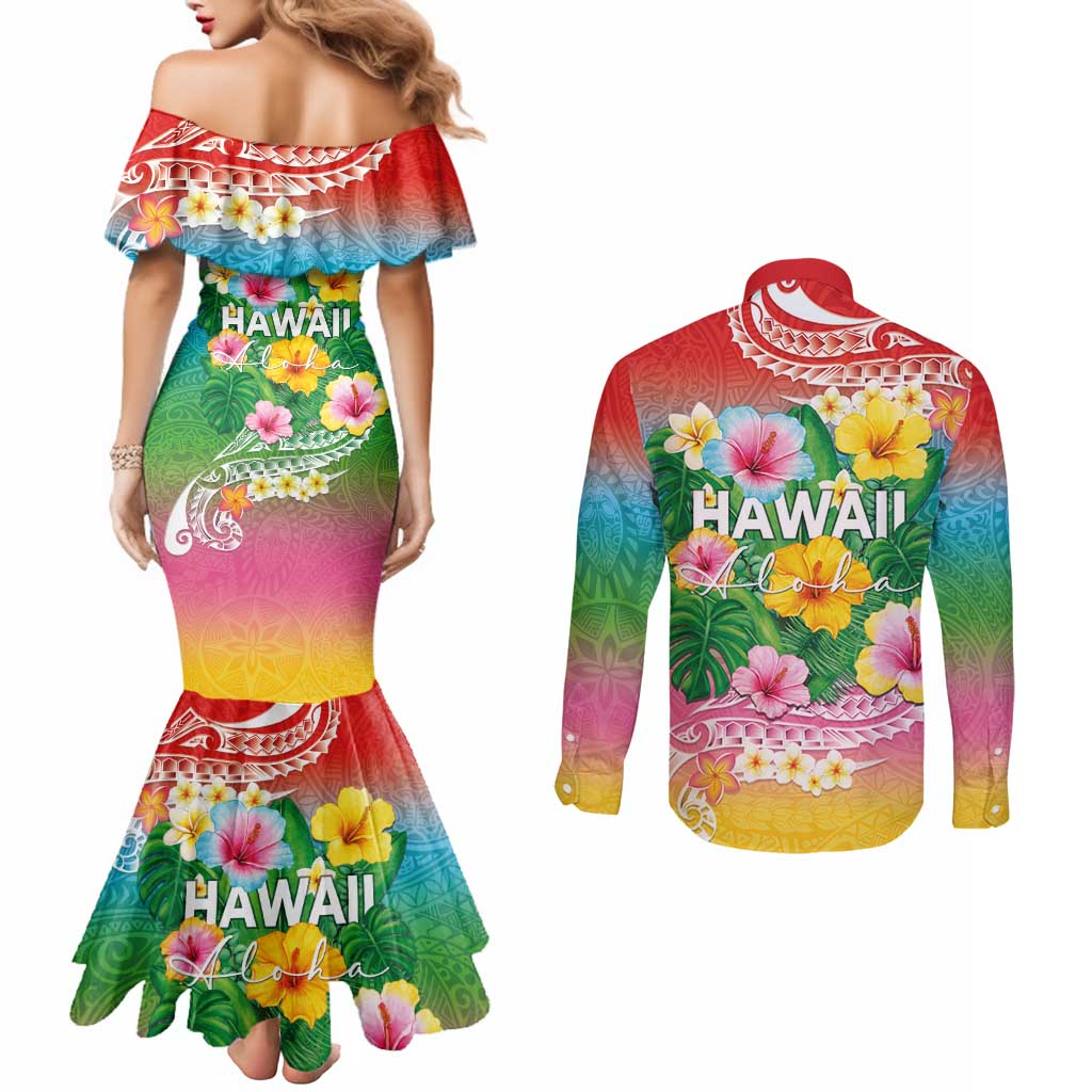 Hawaii Aloha Tropical Leaves and Flower Couples Matching Mermaid Dress and Long Sleeve Button Shirt with Polynesian Art Tattoo Rainbow Color LT03 - Polynesian Pride