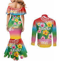 Hawaii Aloha Tropical Leaves and Flower Couples Matching Mermaid Dress and Long Sleeve Button Shirt with Polynesian Art Tattoo Rainbow Color LT03 - Polynesian Pride