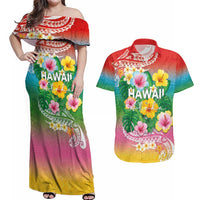Hawaii Aloha Tropical Leaves and Flower Couples Matching Off Shoulder Maxi Dress and Hawaiian Shirt with Polynesian Art Tattoo Rainbow Color LT03 Rainbow - Polynesian Pride