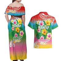 Hawaii Aloha Tropical Leaves and Flower Couples Matching Off Shoulder Maxi Dress and Hawaiian Shirt with Polynesian Art Tattoo Rainbow Color LT03 - Polynesian Pride