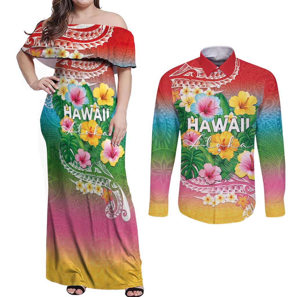 Hawaii Aloha Tropical Leaves and Flower Couples Matching Off Shoulder Maxi Dress and Long Sleeve Button Shirt with Polynesian Art Tattoo Rainbow Color LT03 Rainbow - Polynesian Pride