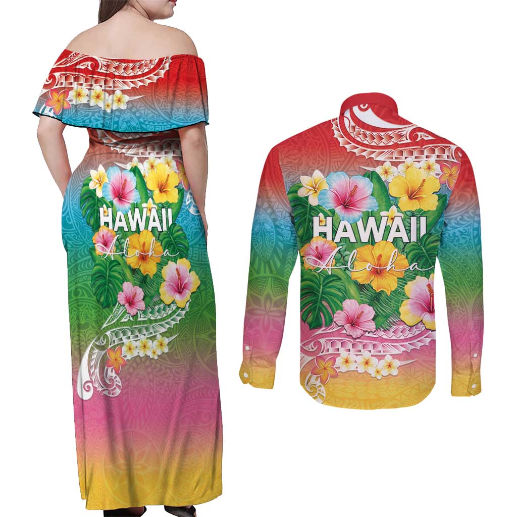 Hawaii Aloha Tropical Leaves and Flower Couples Matching Off Shoulder Maxi Dress and Long Sleeve Button Shirt with Polynesian Art Tattoo Rainbow Color LT03 - Polynesian Pride