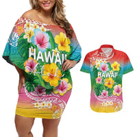 Hawaii Aloha Tropical Leaves and Flower Couples Matching Off Shoulder Short Dress and Hawaiian Shirt with Polynesian Art Tattoo Rainbow Color LT03 Rainbow - Polynesian Pride