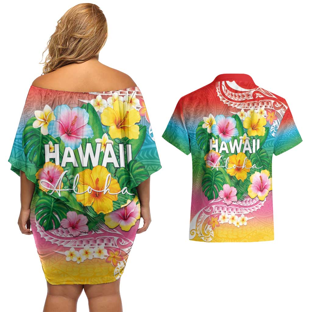 Hawaii Aloha Tropical Leaves and Flower Couples Matching Off Shoulder Short Dress and Hawaiian Shirt with Polynesian Art Tattoo Rainbow Color LT03 - Polynesian Pride