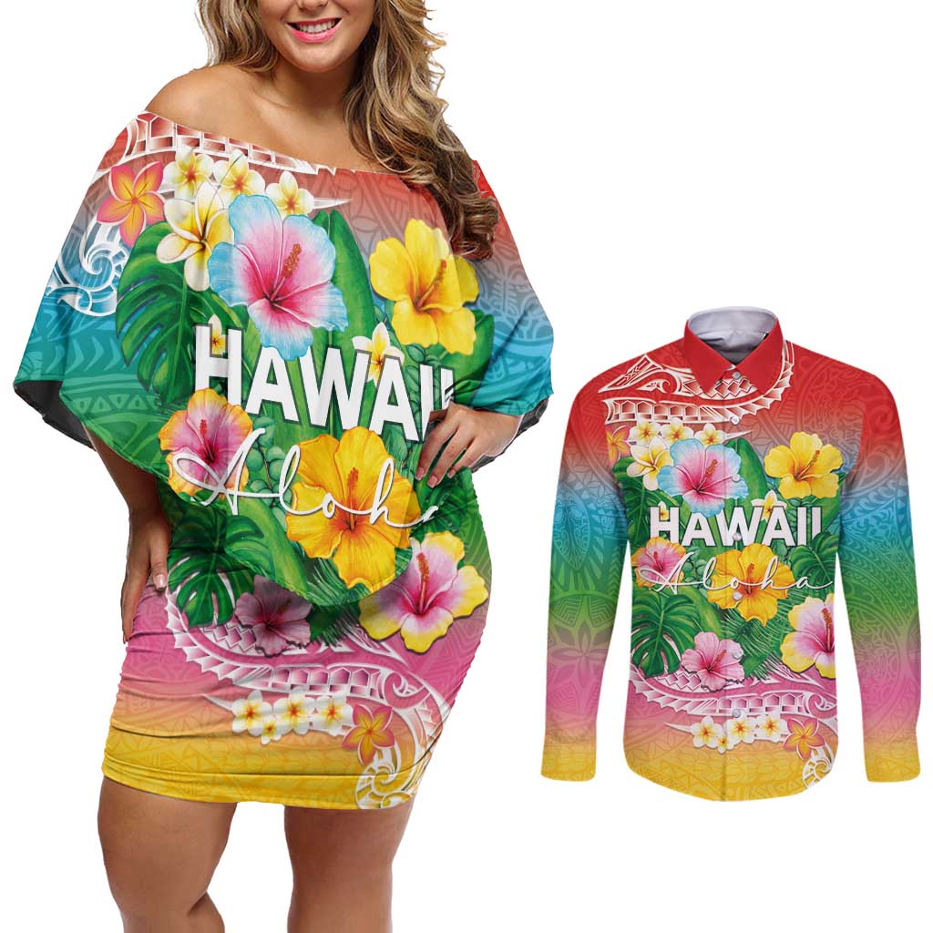 Hawaii Aloha Tropical Leaves and Flower Couples Matching Off Shoulder Short Dress and Long Sleeve Button Shirt with Polynesian Art Tattoo Rainbow Color LT03 Rainbow - Polynesian Pride