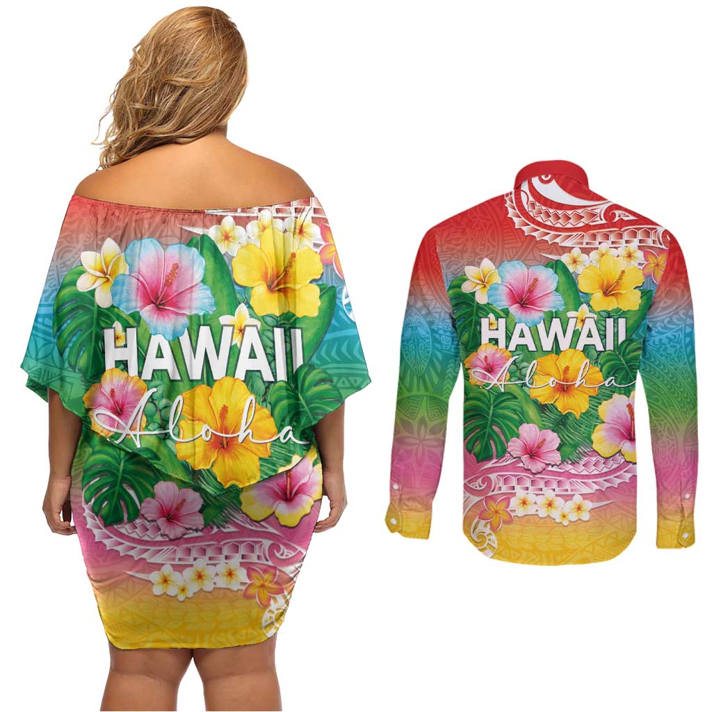 Hawaii Aloha Tropical Leaves and Flower Couples Matching Off Shoulder Short Dress and Long Sleeve Button Shirt with Polynesian Art Tattoo Rainbow Color LT03 - Polynesian Pride