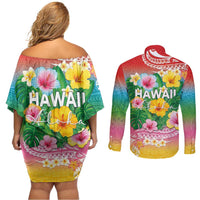 Hawaii Aloha Tropical Leaves and Flower Couples Matching Off Shoulder Short Dress and Long Sleeve Button Shirt with Polynesian Art Tattoo Rainbow Color LT03 - Polynesian Pride