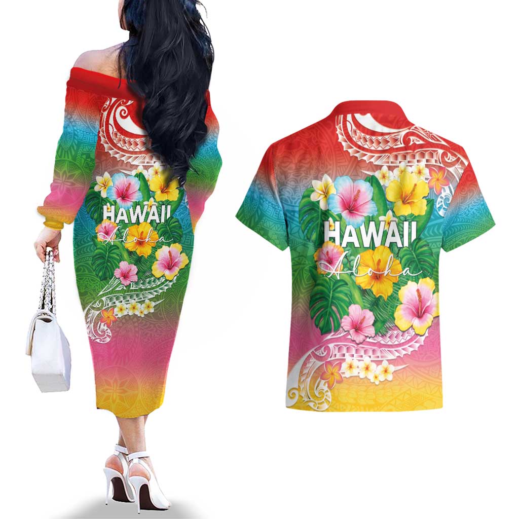 Hawaii Aloha Tropical Leaves and Flower Couples Matching Off The Shoulder Long Sleeve Dress and Hawaiian Shirt with Polynesian Art Tattoo Rainbow Color LT03 - Polynesian Pride