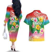 Hawaii Aloha Tropical Leaves and Flower Couples Matching Off The Shoulder Long Sleeve Dress and Hawaiian Shirt with Polynesian Art Tattoo Rainbow Color LT03 - Polynesian Pride