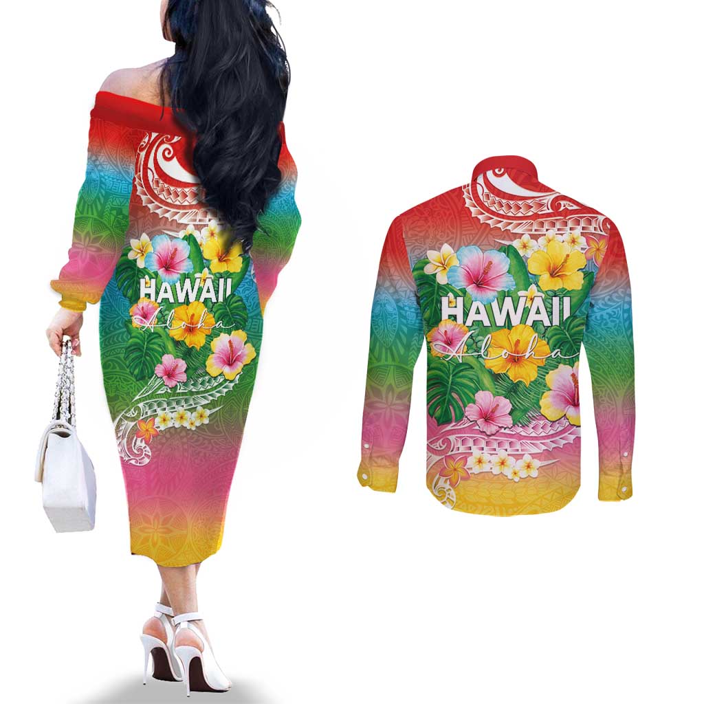 Hawaii Aloha Tropical Leaves and Flower Couples Matching Off The Shoulder Long Sleeve Dress and Long Sleeve Button Shirt with Polynesian Art Tattoo Rainbow Color LT03 - Polynesian Pride