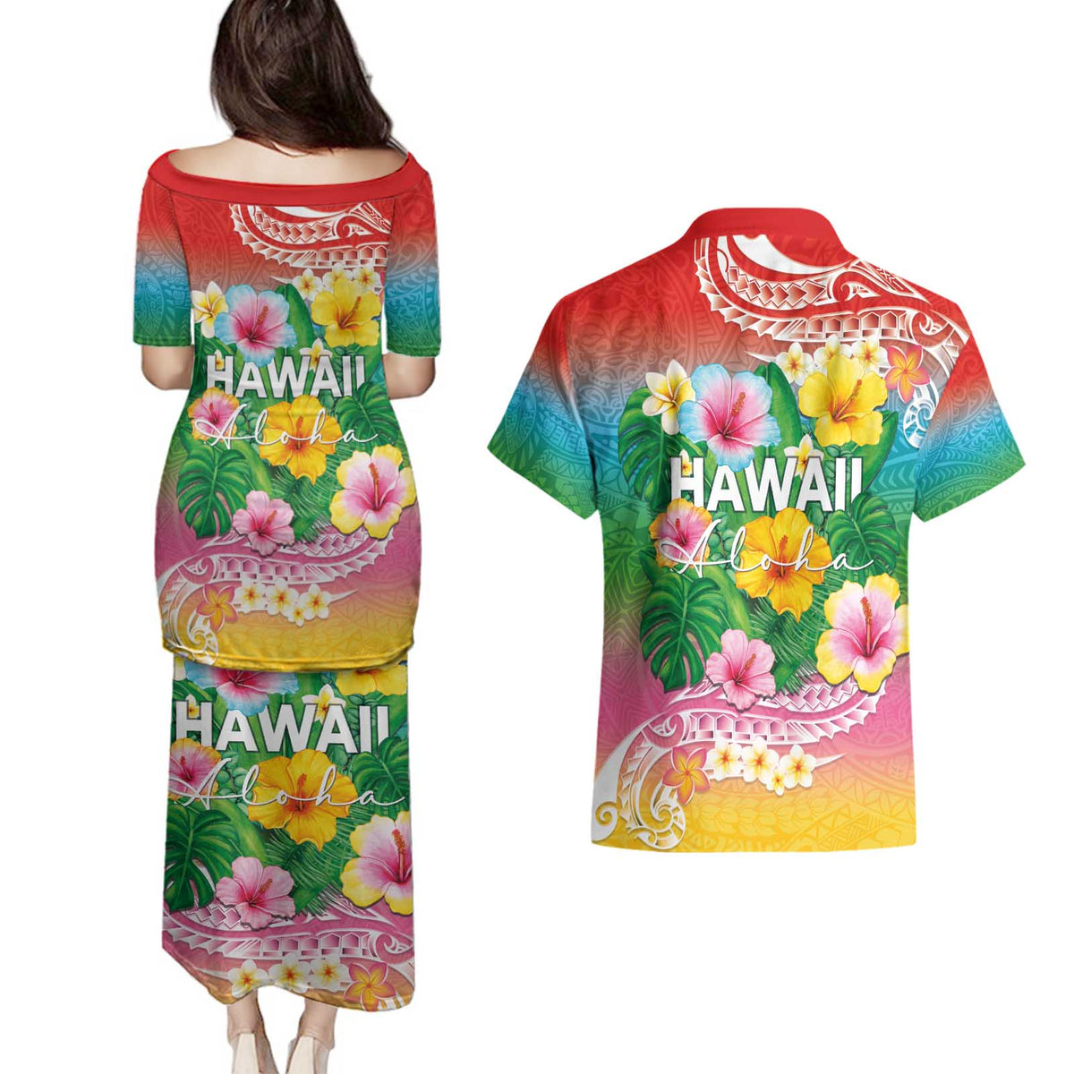 Hawaii Aloha Tropical Leaves and Flower Couples Matching Puletasi and Hawaiian Shirt with Polynesian Art Tattoo Rainbow Color LT03 - Polynesian Pride